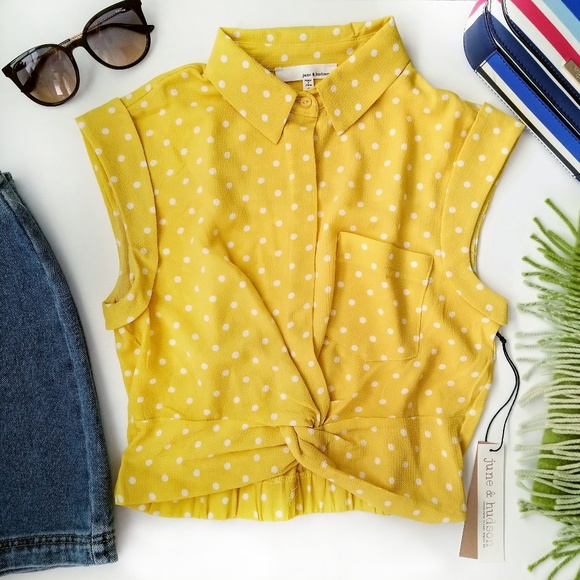 Tops - June & Hudson yellow polka dot front knot blouse